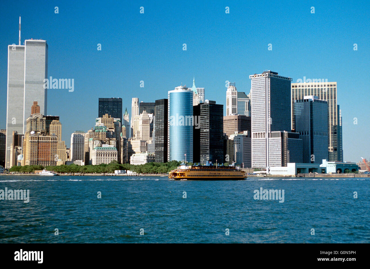 World Trade Center, New York City, Twin Towers, Nine Eleven, skyscrapers, concrete, glass, steel, office tower Stock Photo