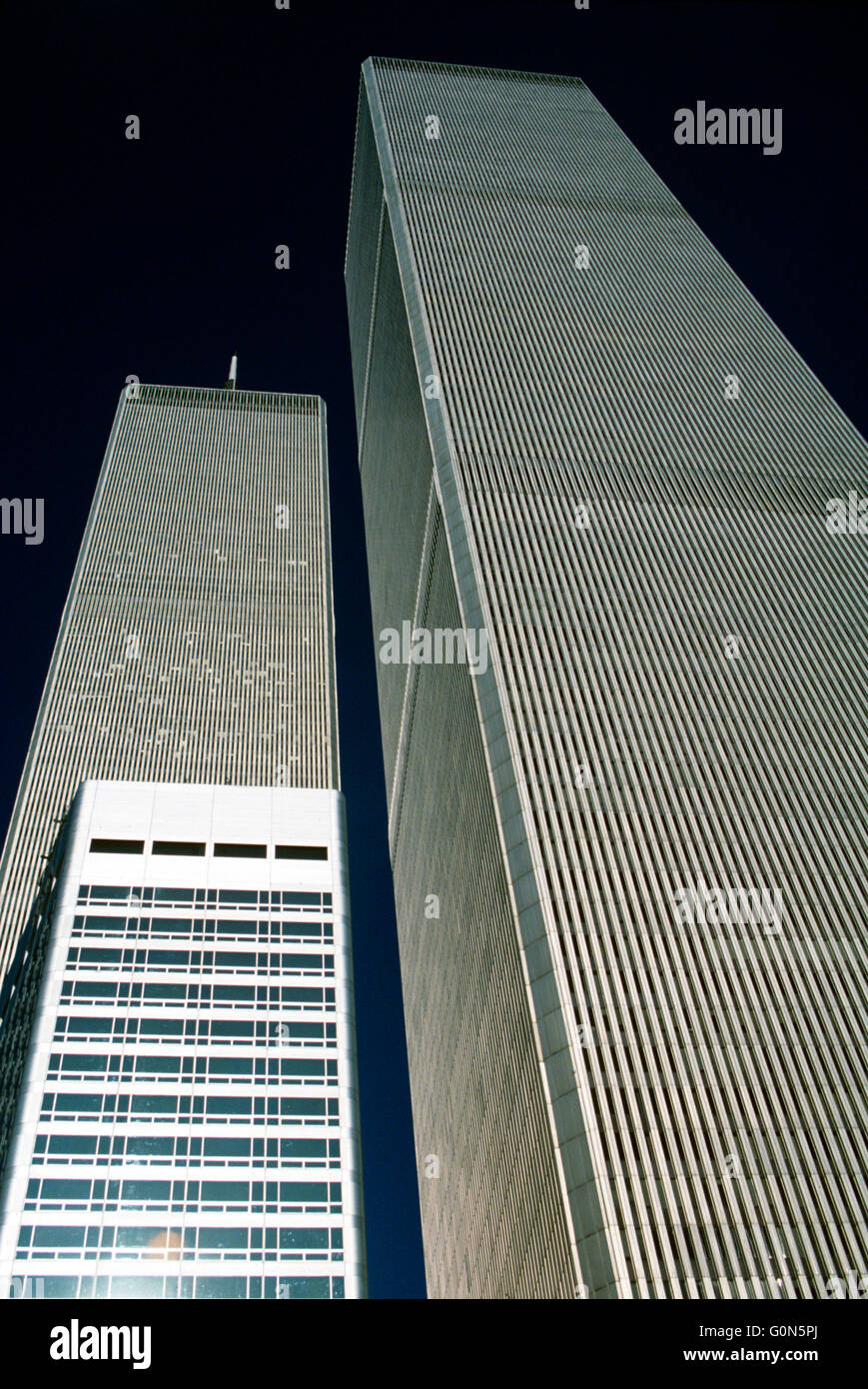 World Trade Center, New York City, Twin Towers, Nine Eleven, skyscrapers, concrete, glass, steel, office tower Stock Photo
