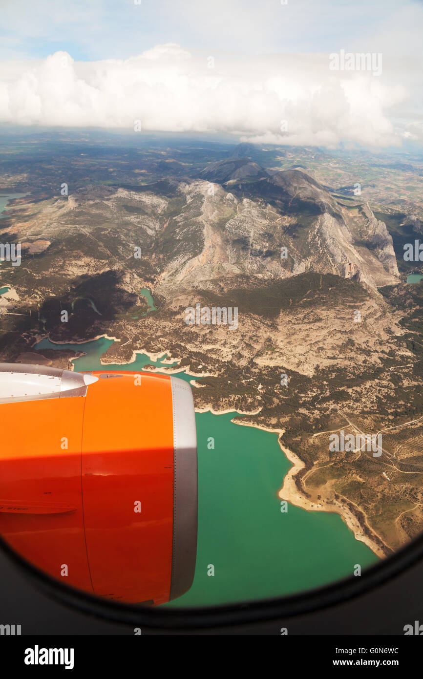 Easyjet airplane engine in flight over Spain on the Southend to Malaga route, Spain, Europe Stock Photo