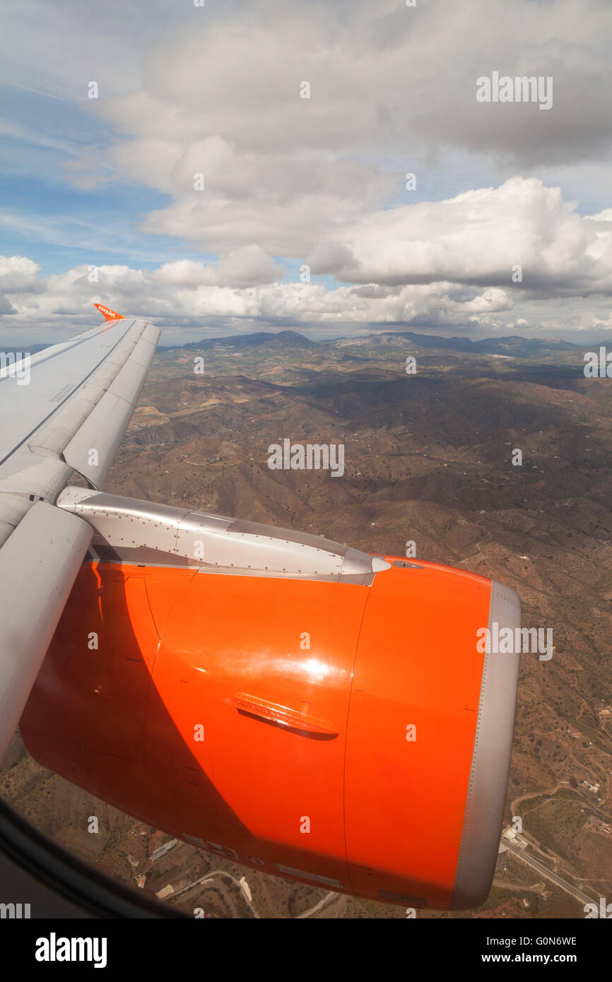 Easyjet airplane engine in flight over Spain on the Southend to Malaga route, Spain, Europe Stock Photo