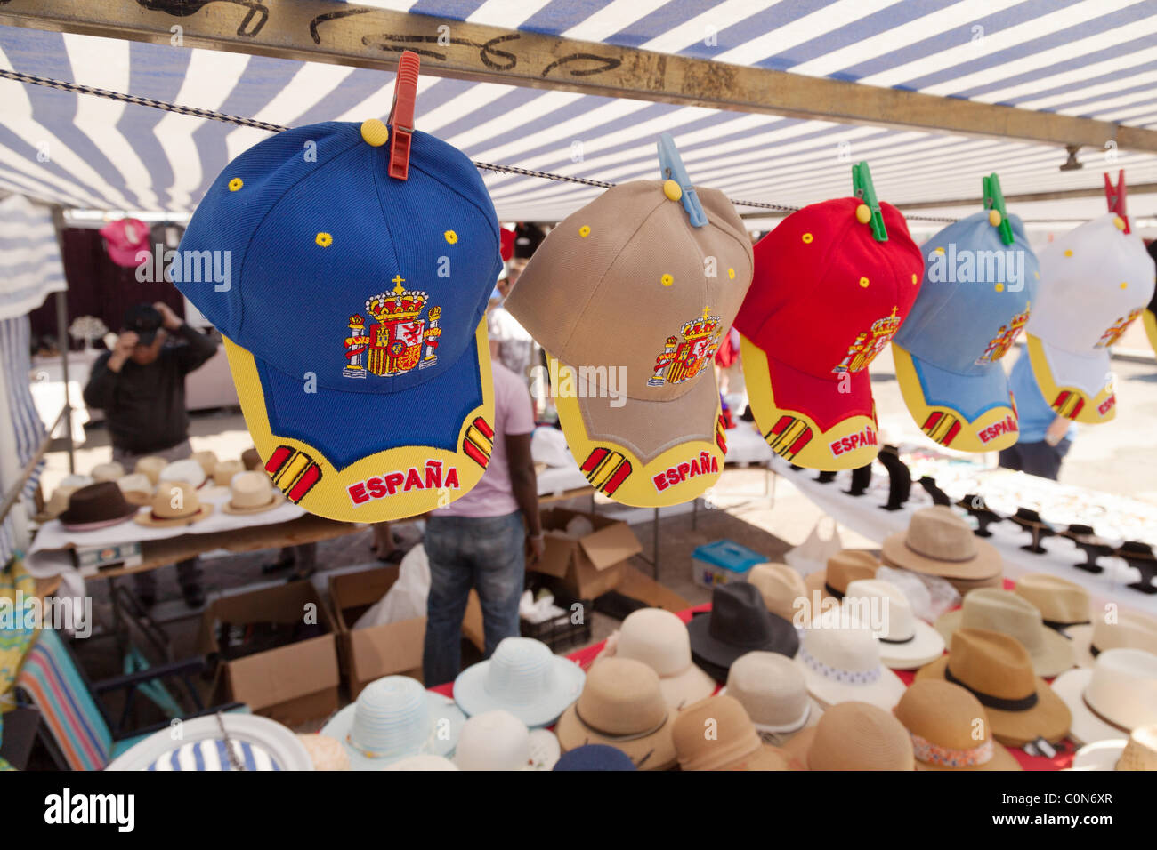 Hat stall, Estepona market, Costa del Sol, Andalusia Spain Europe Stock