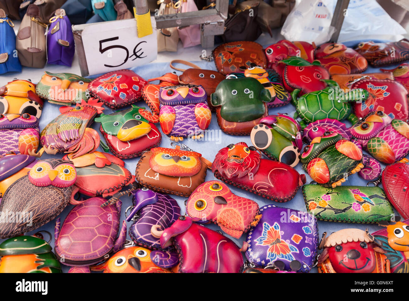 Spanish craft goods for sale on a market stall, Estepona, Costa del Sol, Andalusia, Spain Europe Stock Photo