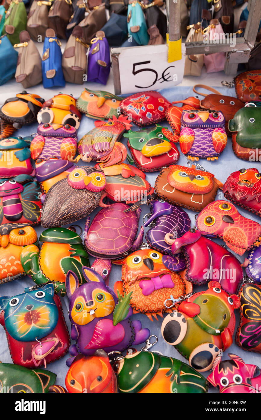 Spanish craft goods for sale on a market stall, Estepona, Costa del Sol, Andalusia, Spain Europe Stock Photo