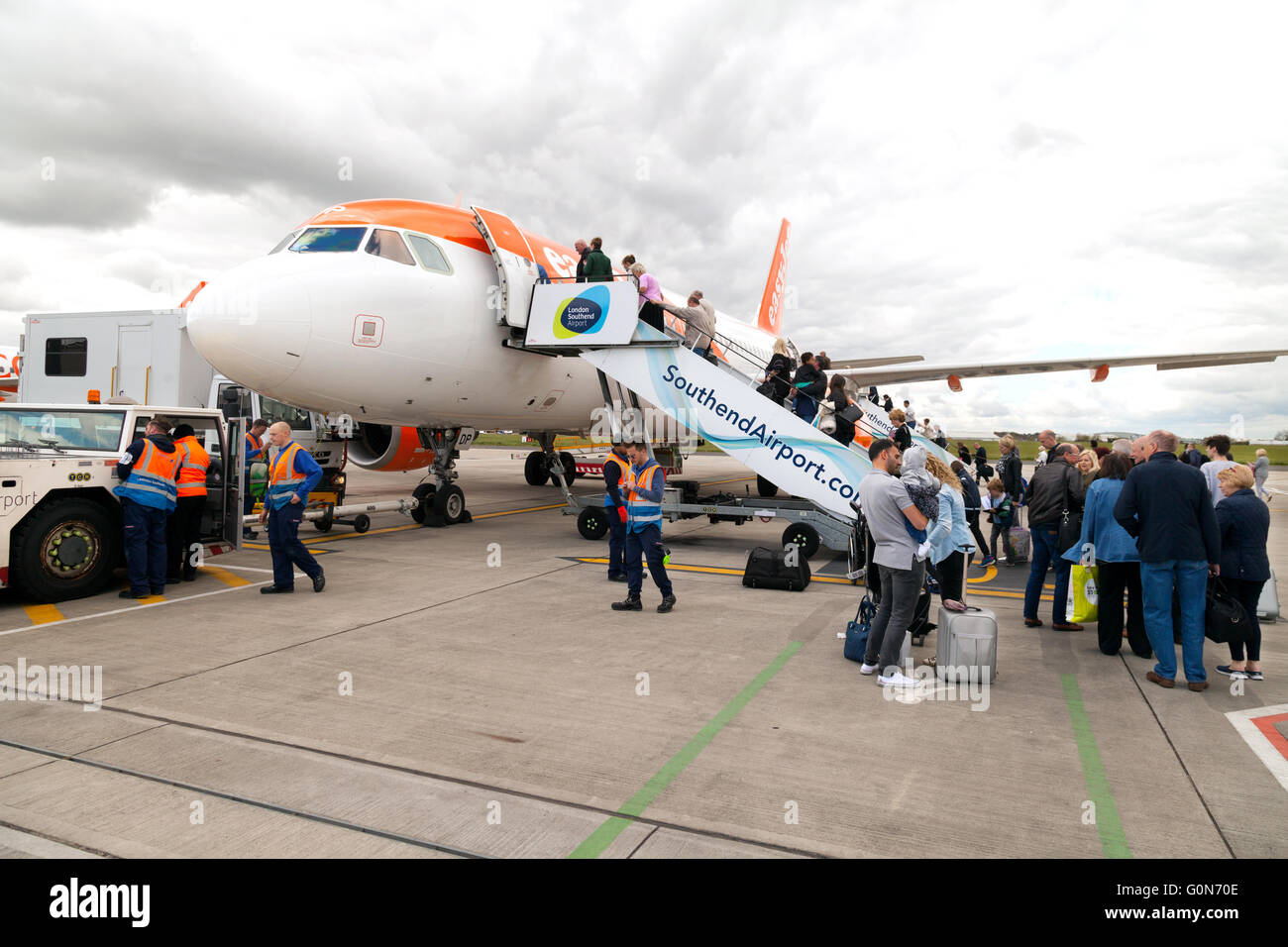 Passengers at London Southend Airport boarding an Easyjet plane on a flight to Malaga, Spain,  Southend Essex UK Stock Photo