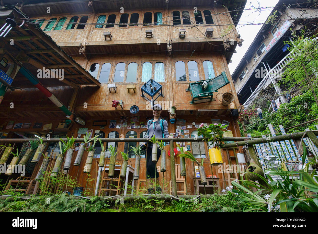 Unique design on traditional Yao lodge and house, Dazhai, Guangxi Autonomous Region, China Stock Photo