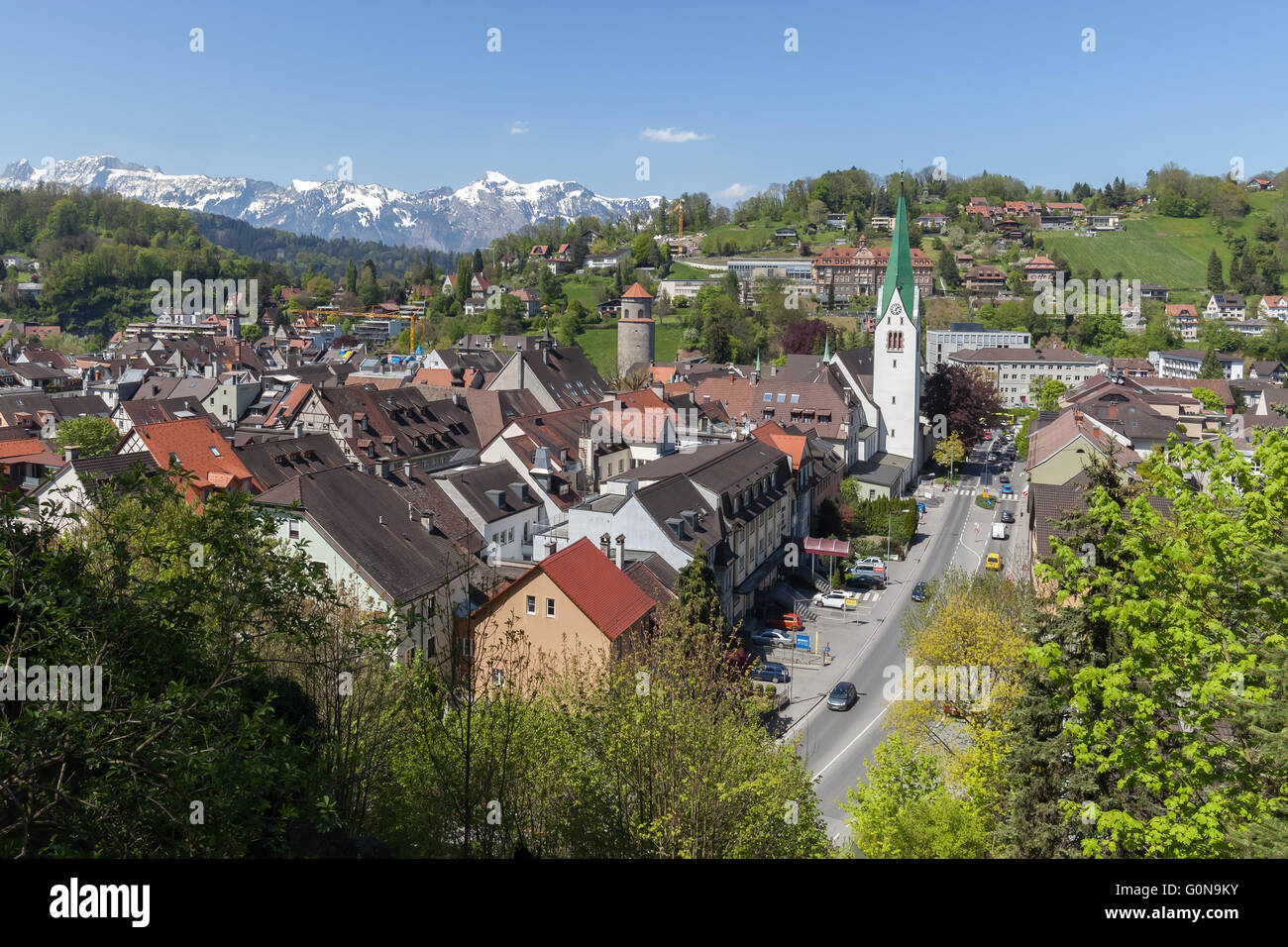 Aerial view of Feldkirch and Katzenturm tower, Austria. Stock Photo