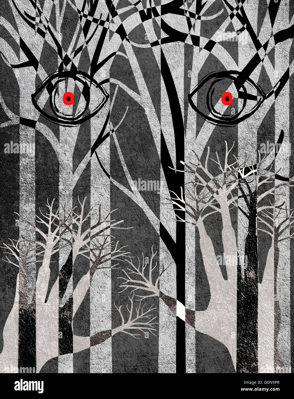 forest with eyes and hands digital illustration Stock Photo