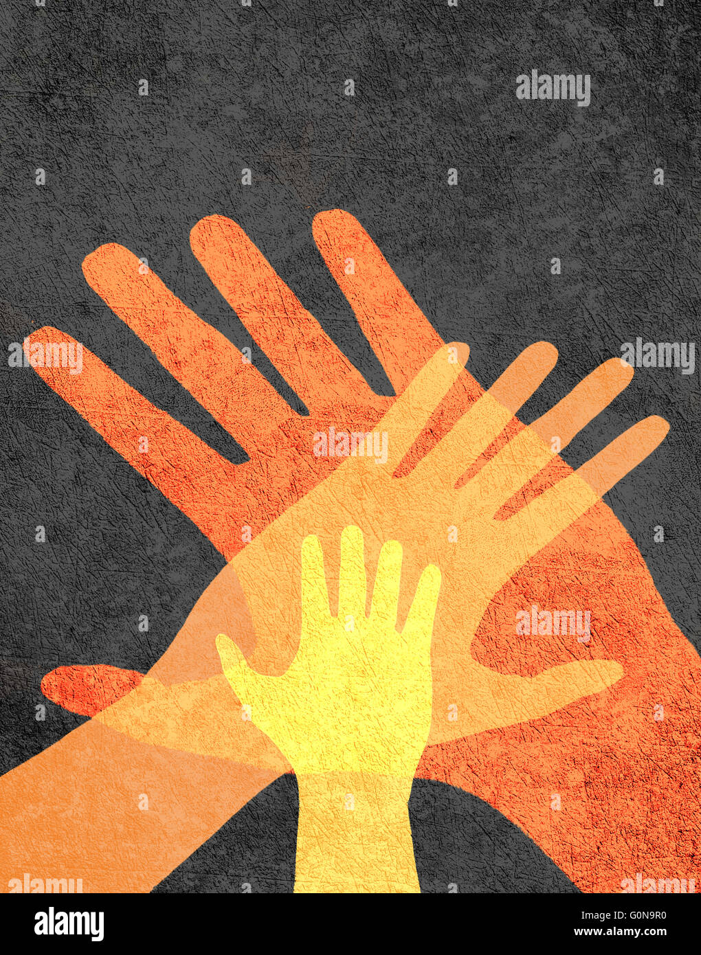 three hands orange on black digital illustration Stock Photo