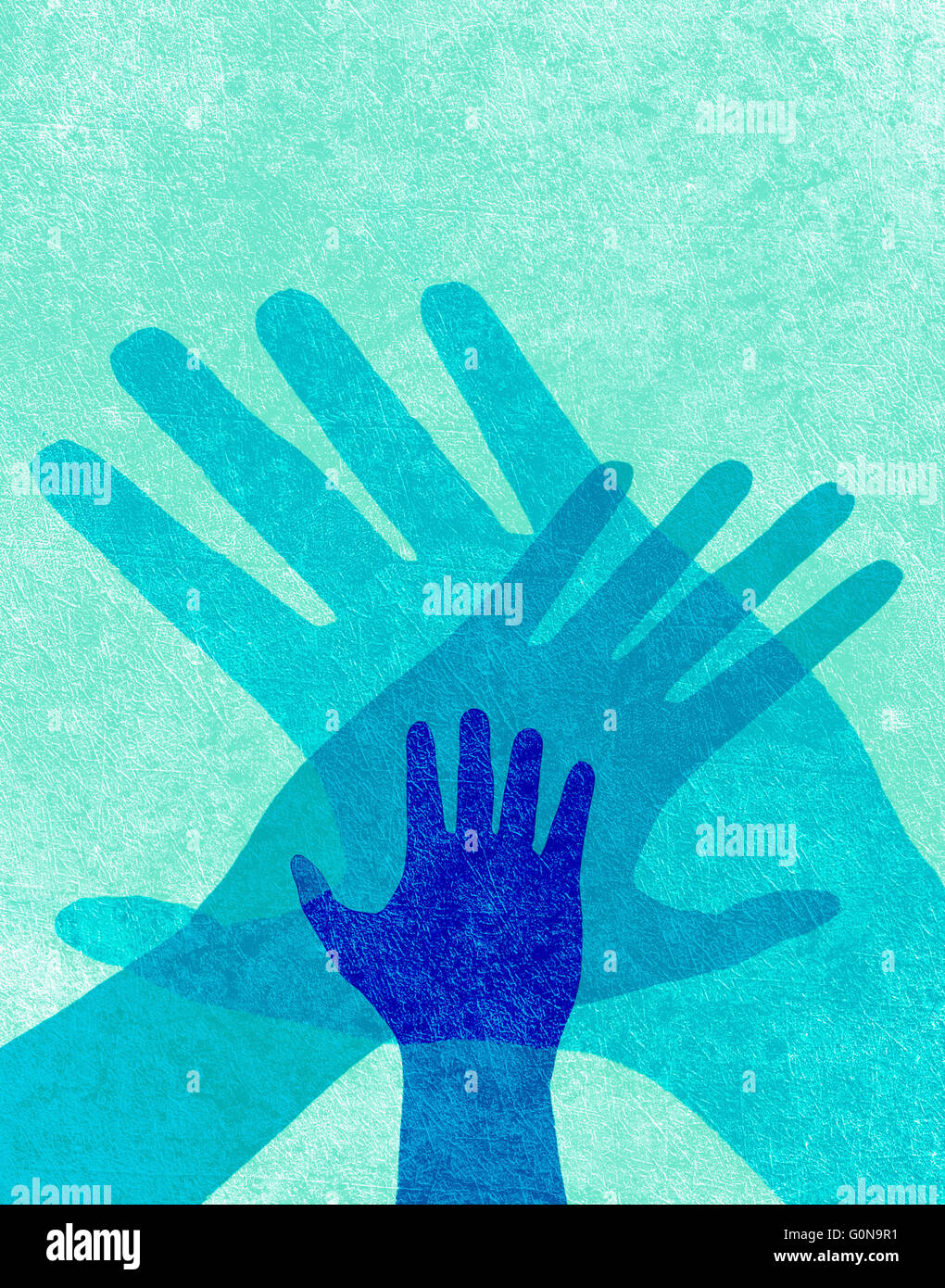 three hands blue digital illustration Stock Photo