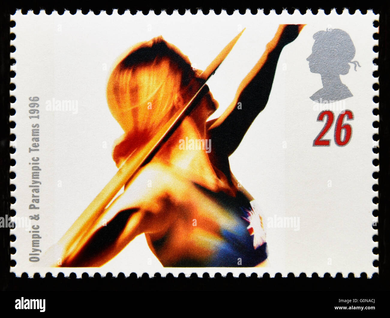 Postage stamp. Great Britain. Queen Elizabeth II. 1996. Olympic and Paralympic Games, Atlanta. Throwing the Javelin. 26p. Stock Photo