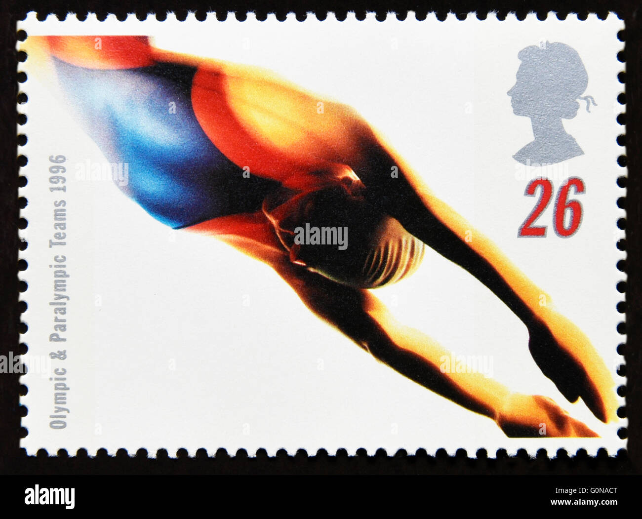 Postage stamp. Great Britain. Queen Elizabeth II. 1996. Olympic and Paralympic Games, Atlanta. Swimming. 26p. Stock Photo