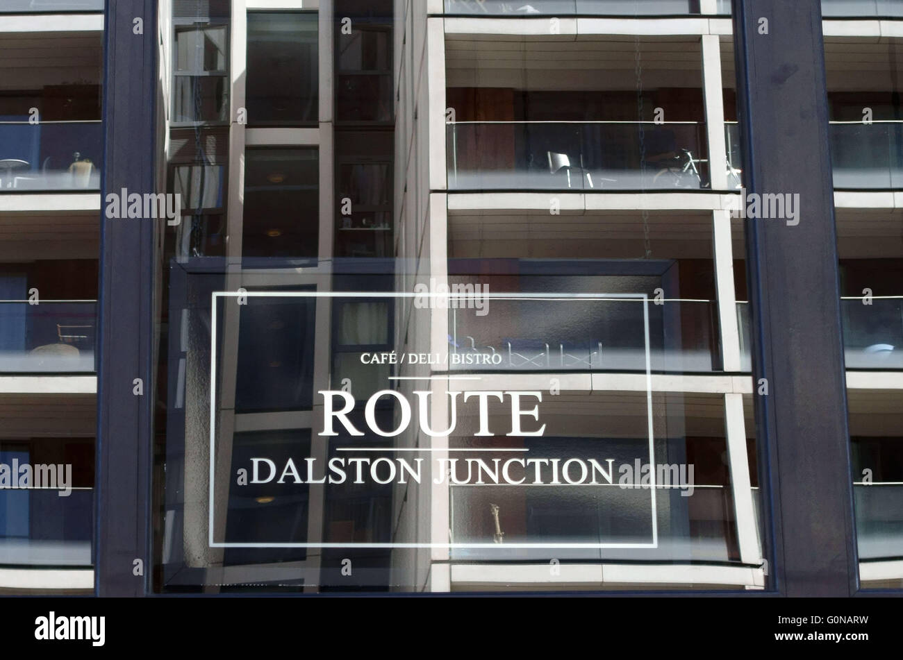 Gentrification in Dalston, East London - Route is a hip new cafe, deli and bistro in Dalston Square Stock Photo