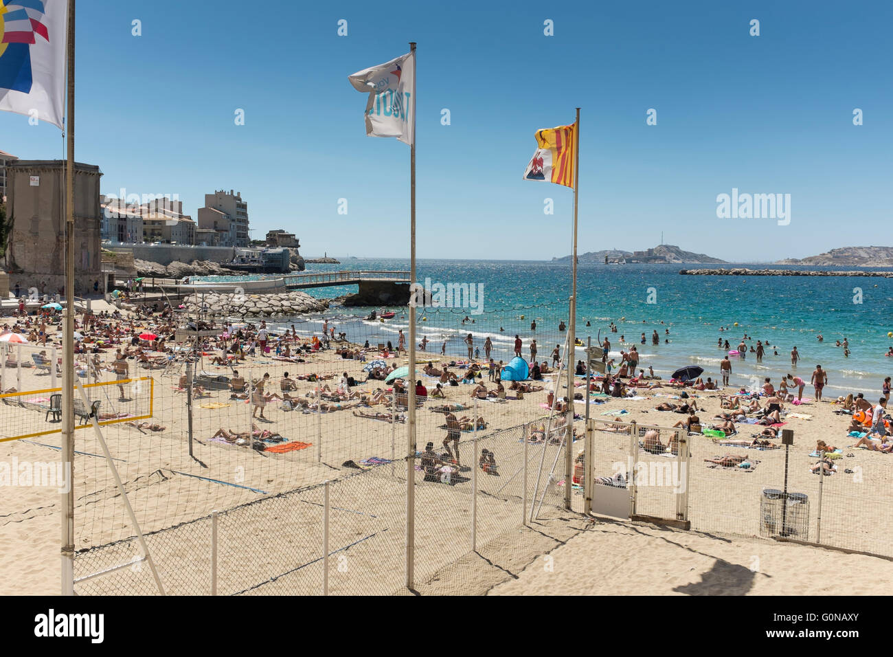People on the beach at Anse des Catalans, Marseille, Bouches-du-Rhone, Provence-Alpes-Cote d'Azur, France Stock Photo