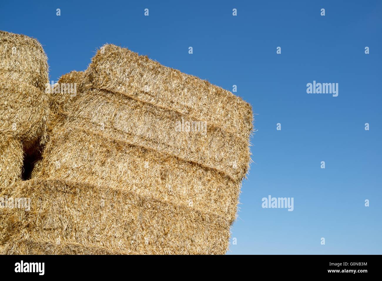 Straw bales stacked with blue sky Stock Photo - Alamy
