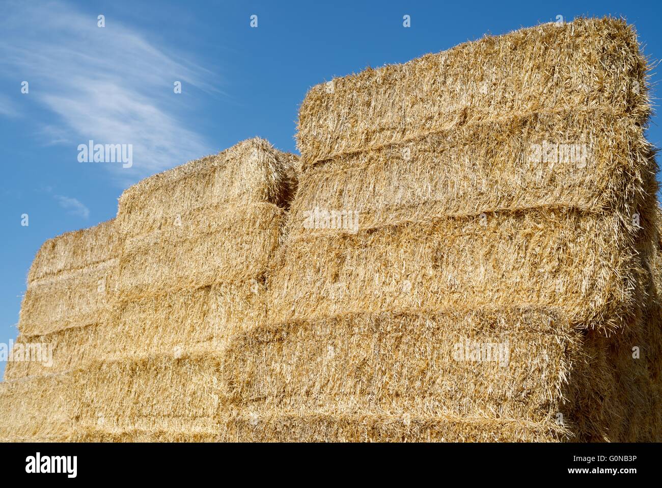Straw bales stacked with blue sky Stock Photo - Alamy