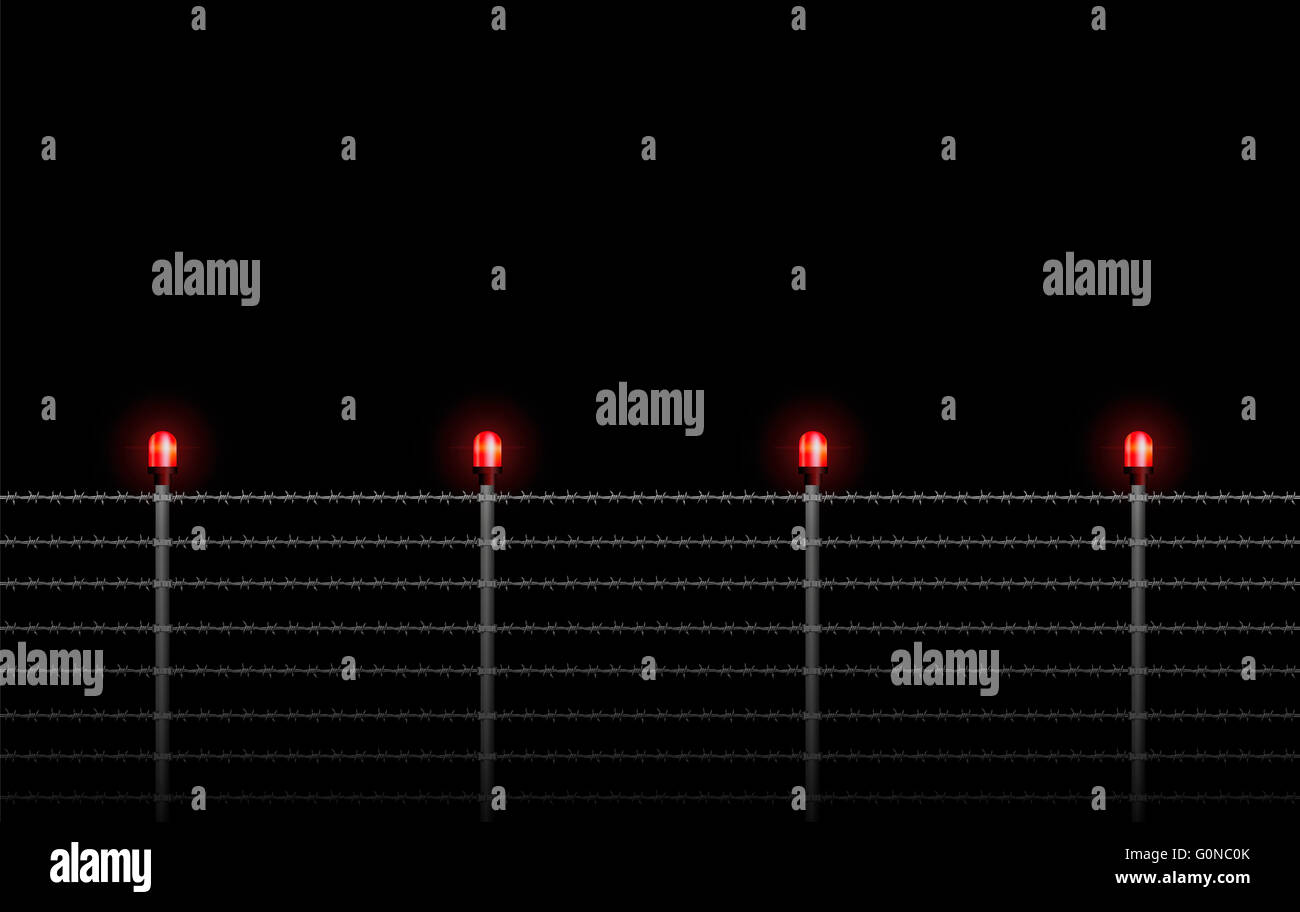 Barbed wire fence at night with red alarm lights - seamless expandable ...