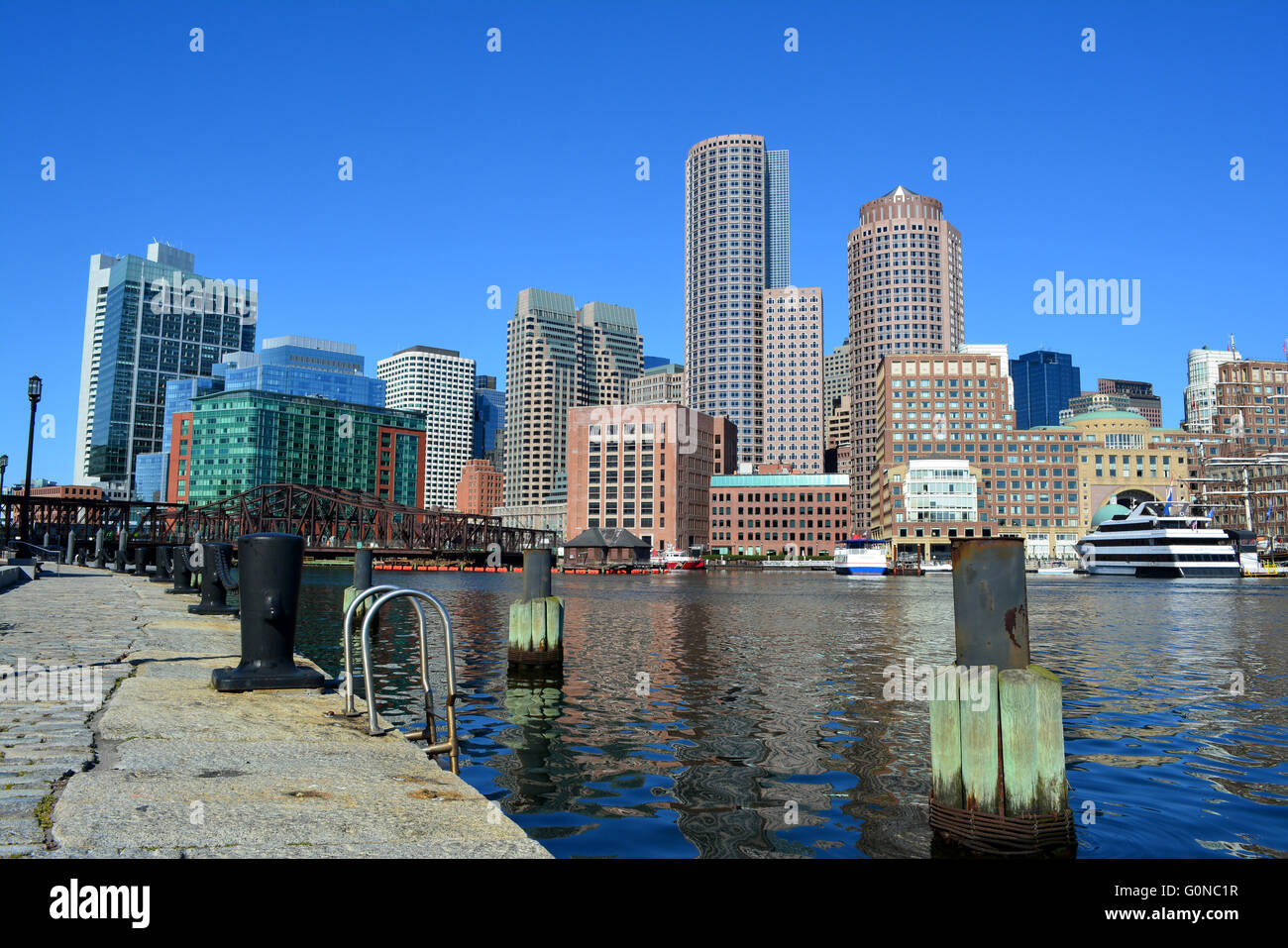 Boston skyline as seen from the Seaport district. Stock Photo