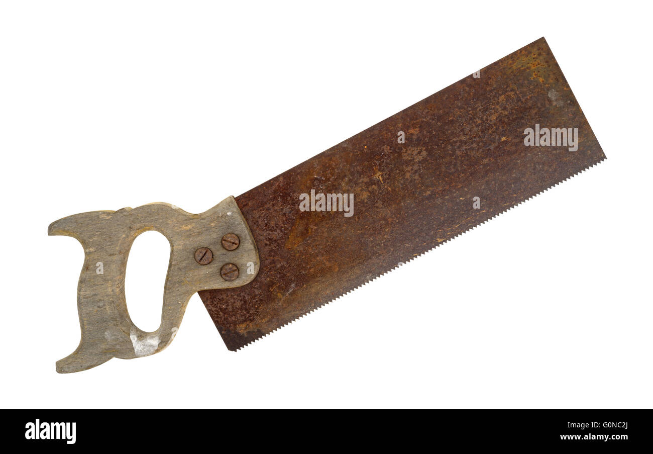 An antique sash saw with a with a worn handle and a rusty metal blade on a white background. Stock Photo