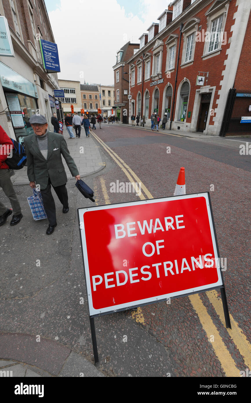 'BEWARE OF PEDESTRIANS' sign in Norwich, UK. Stock Photo