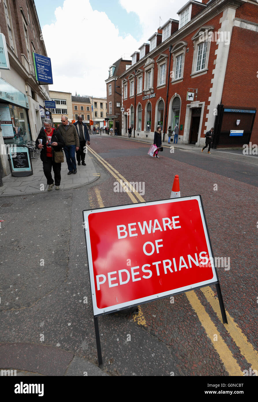 'BEWARE OF PEDESTRIANS' sign in Norwich, UK. Stock Photo