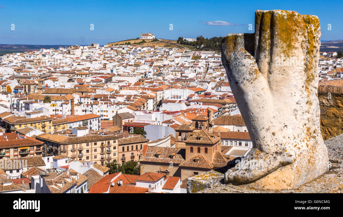 Antequera, Malaga Province, Andalusia, southern Spain.  Remains of statue on top of Arco de los Gigantes (Arch of the Giants) Stock Photo