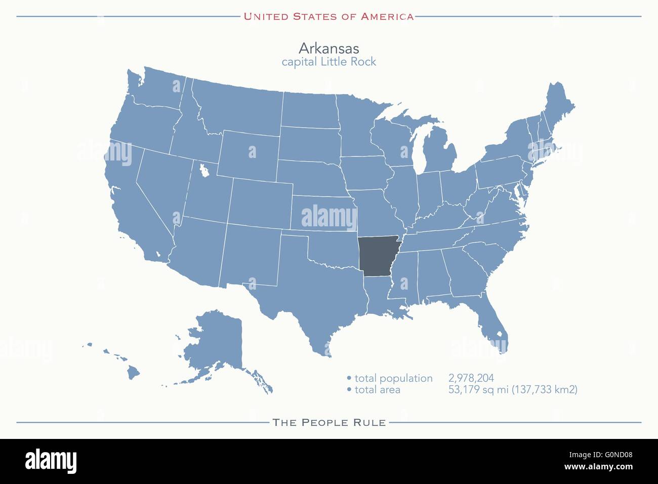 United States of America isolated map and Arkansas state territory. vector USA political map