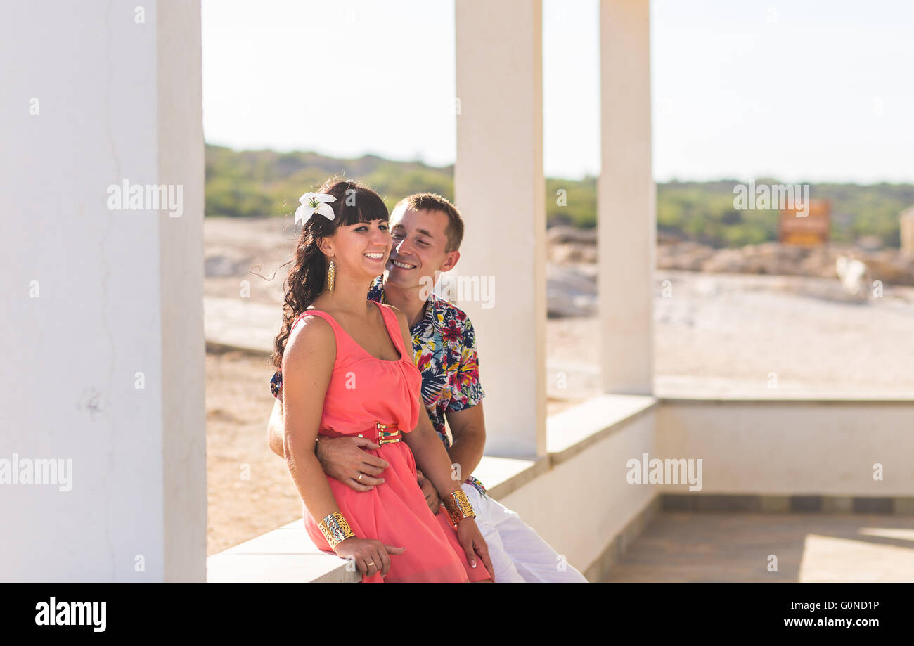 happy romantic couple in love and having fun outdoors, summer day ...