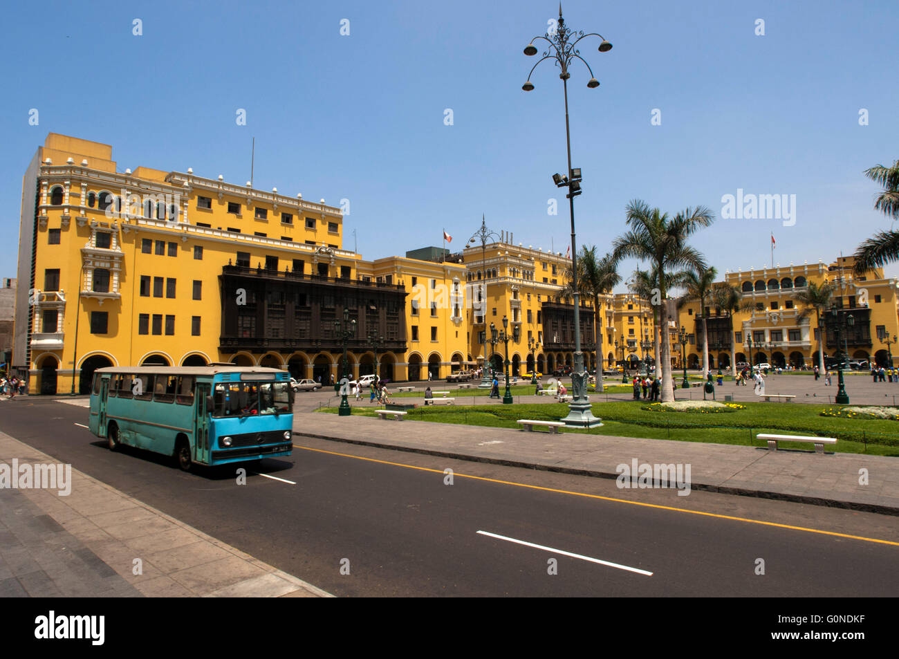 Old bus at Plaza de Armas square, Plaza Mayor, Peru, South America Stock Photo