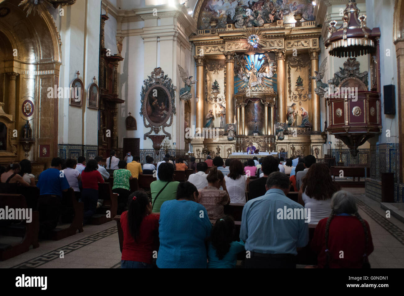 Mass at Cathedral of Lima at Plaza de Armas square, Plaza Mayor, Peru, South America Stock Photo