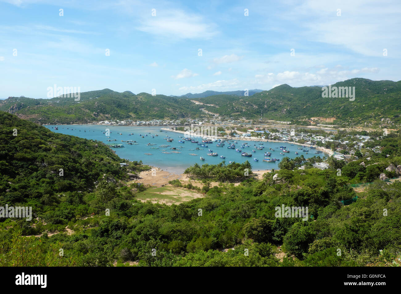 Beautiful panoramic landscape of Vietnam beach, Vinh Hy bay, Ninh Thuan, group of boat anchor at fishing village Stock Photo