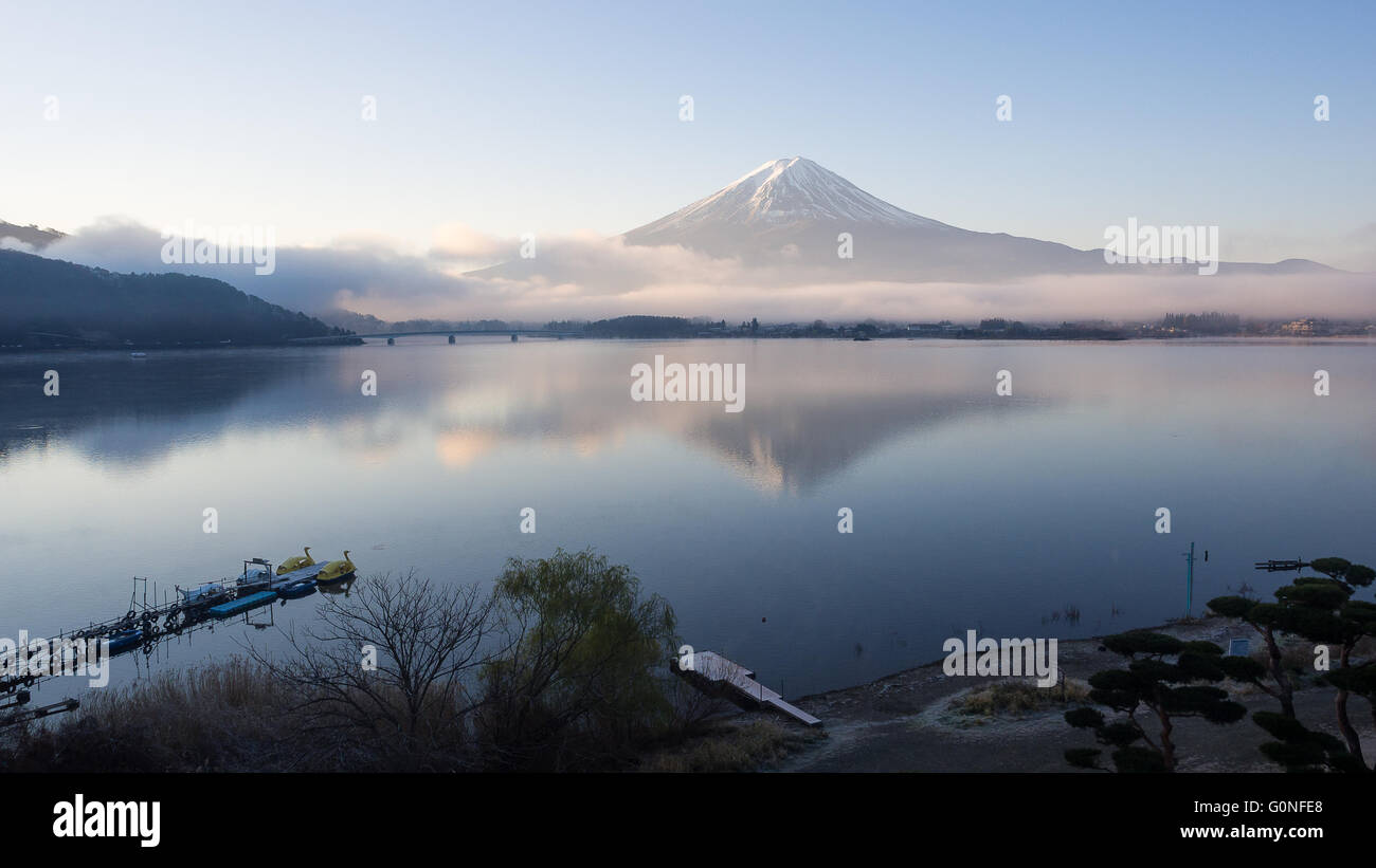 Mt. Fuji view from Kawaguchi lake in the morning Stock Photo