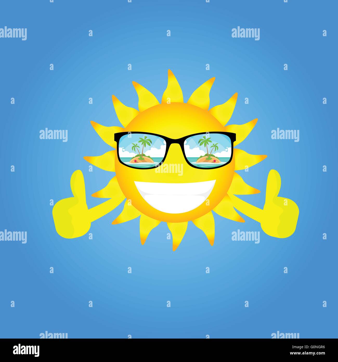 Sun Cartoon Character Wear Glasses With Tropical Island View Thumb Up ...