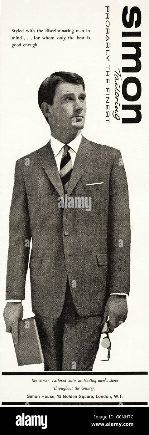 Original old vintage 1960s magazine advert dated 1962. Advertisement advertising suits by Simon tailoring Stock Photo