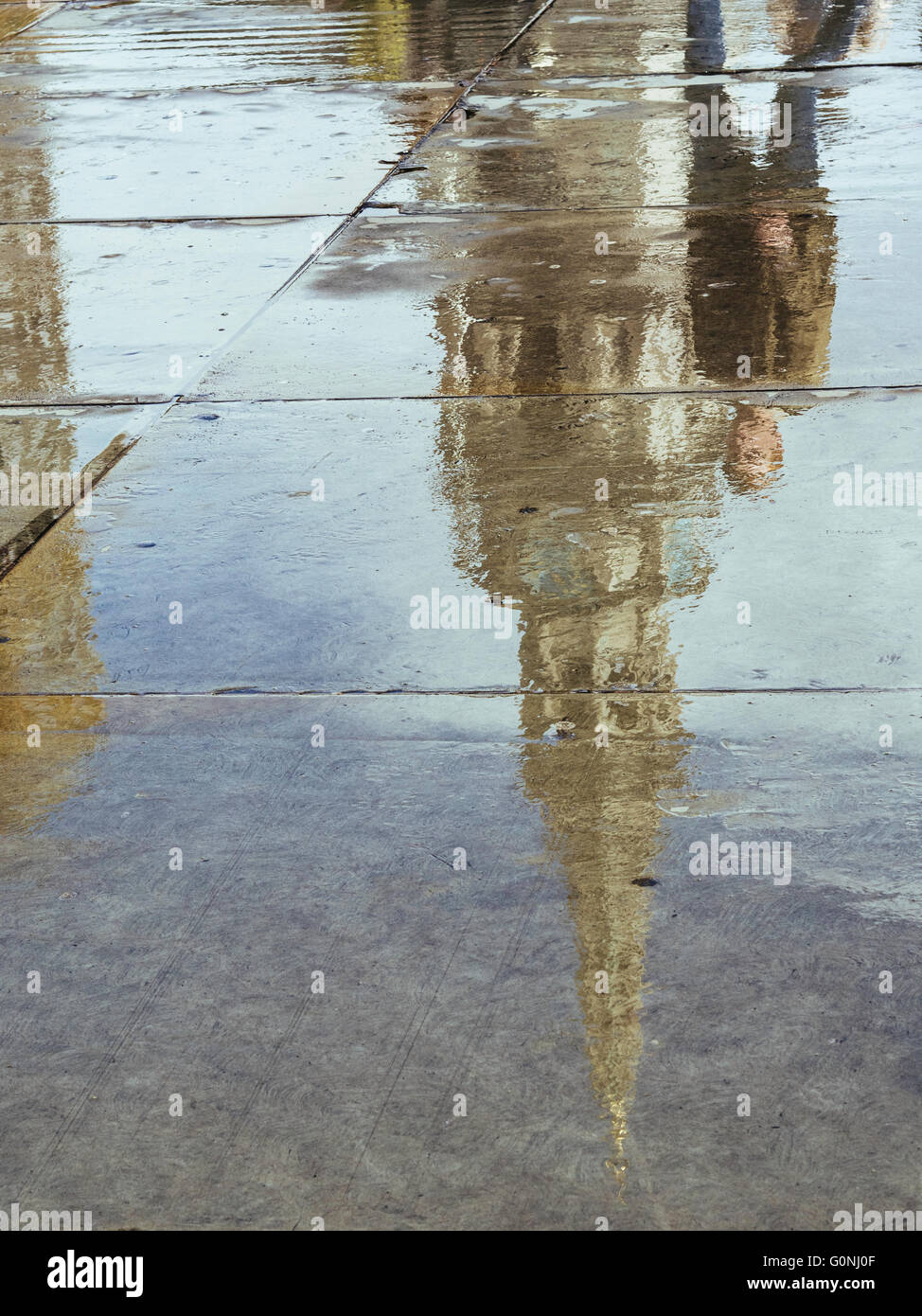 Relfection in wet paving stones of man and  the spire of St Martin in the Field church Trafalgar Square London England UK Stock Photo