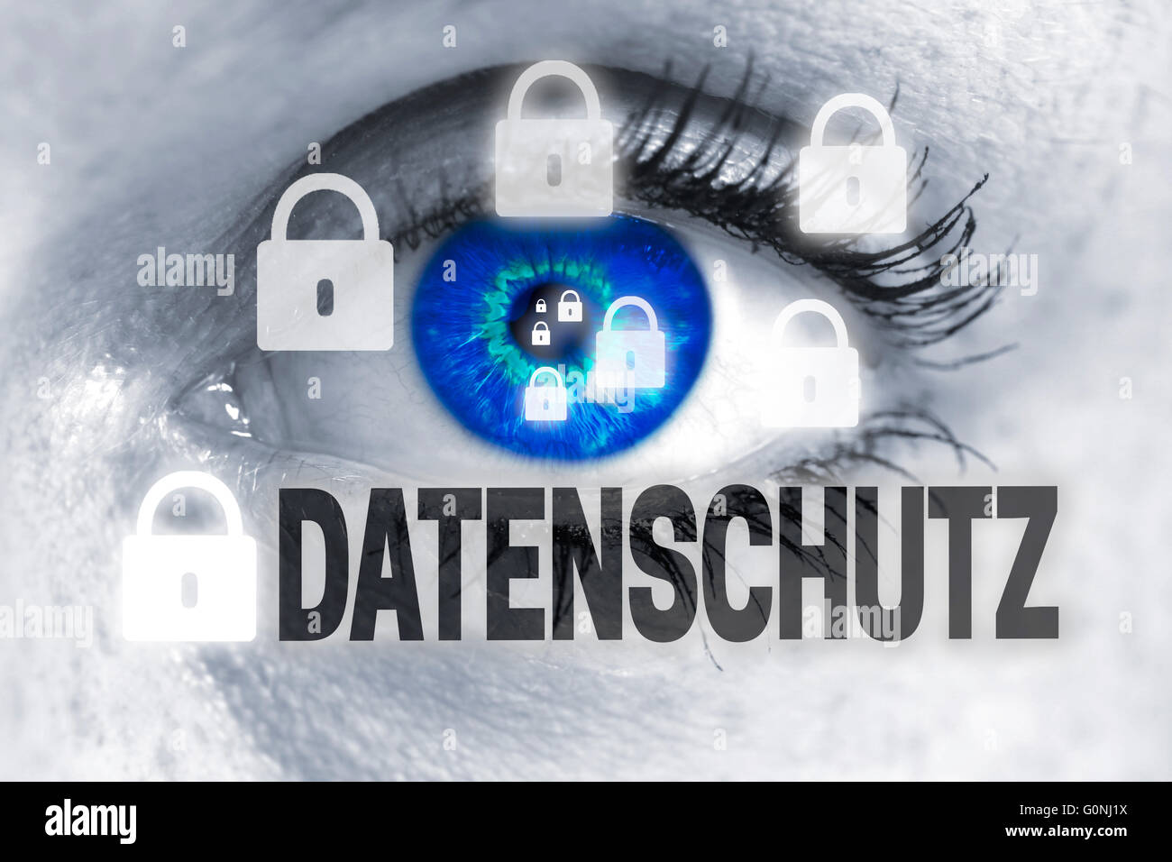 datenschutz (in german data protection) eye looks at viewer concept. Stock Photo