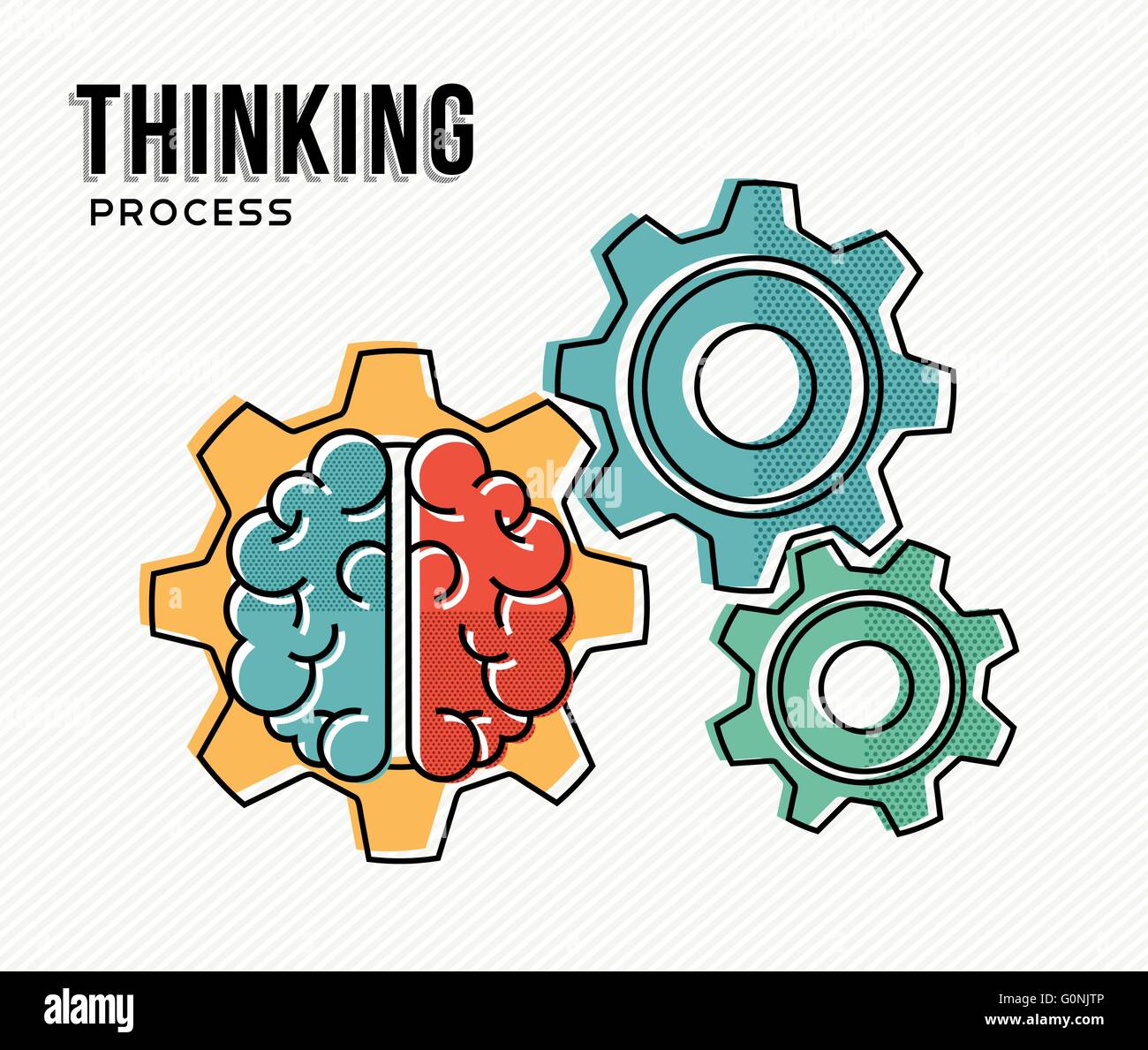 Thinking process illustration, flow of ideas concept design with human brain and gear wheels in flat line art style. Stock Vector