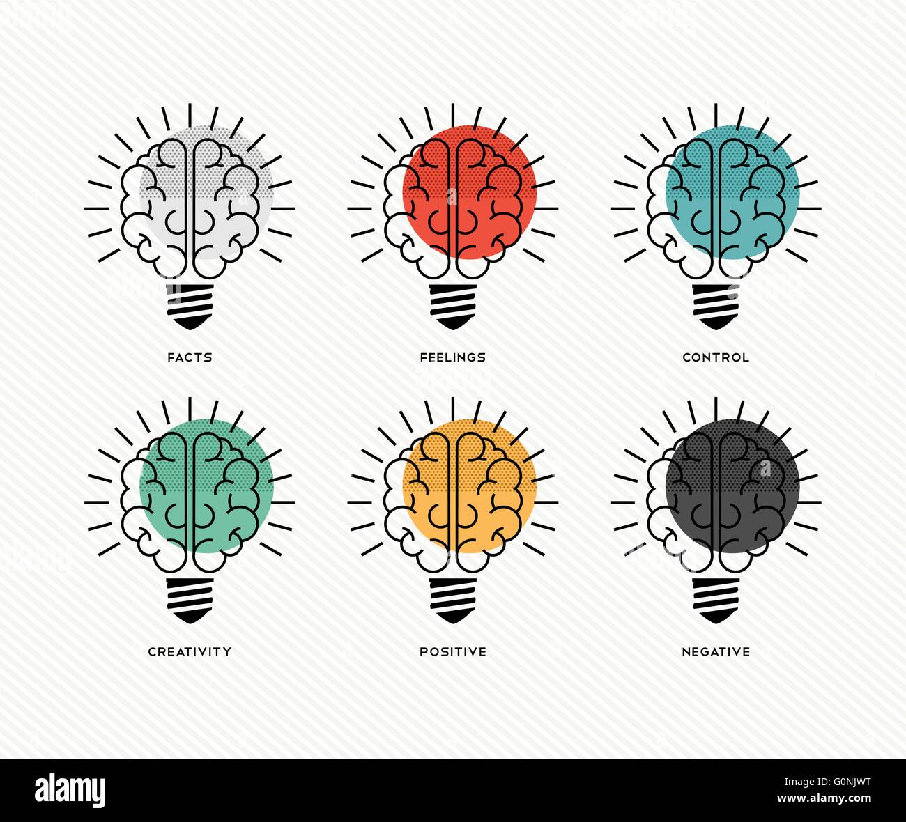 Six thinking hats concept design with human brains as light bulbs in colorful modern line art style. EPS10 vector. Stock Vector