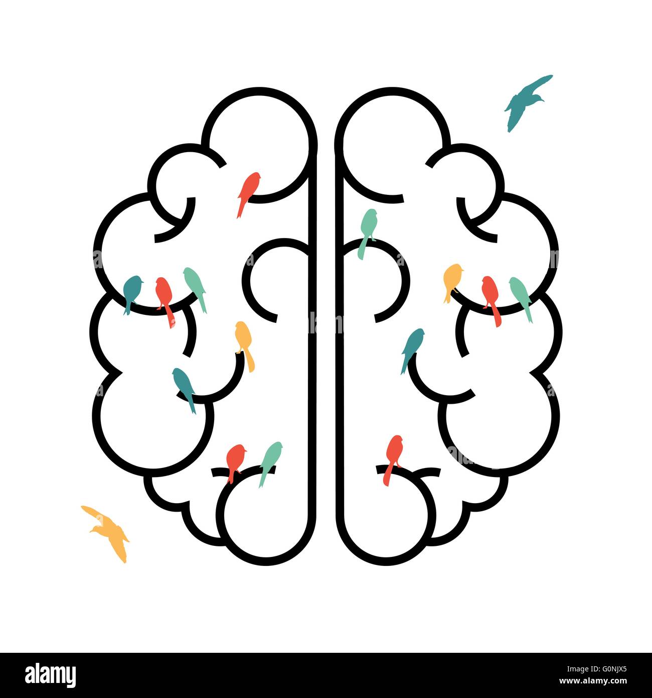 Human brain in simple line art style with colorful bird shapes inside, free your creative imagination concept design. Stock Vector