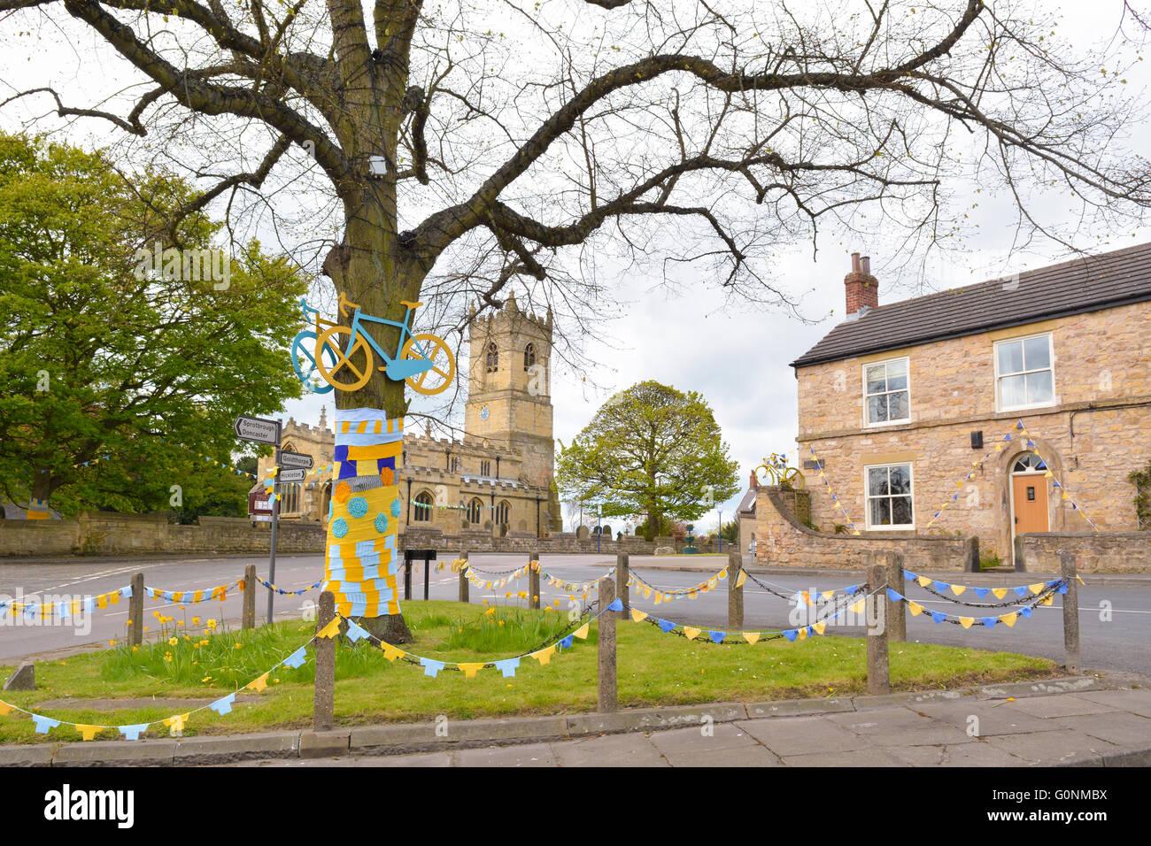 Tour de Yorkshire 2016 - the South Yorkshire village of Barnburgh beautifully decorated in the race colours of blue and yellow Stock Photo