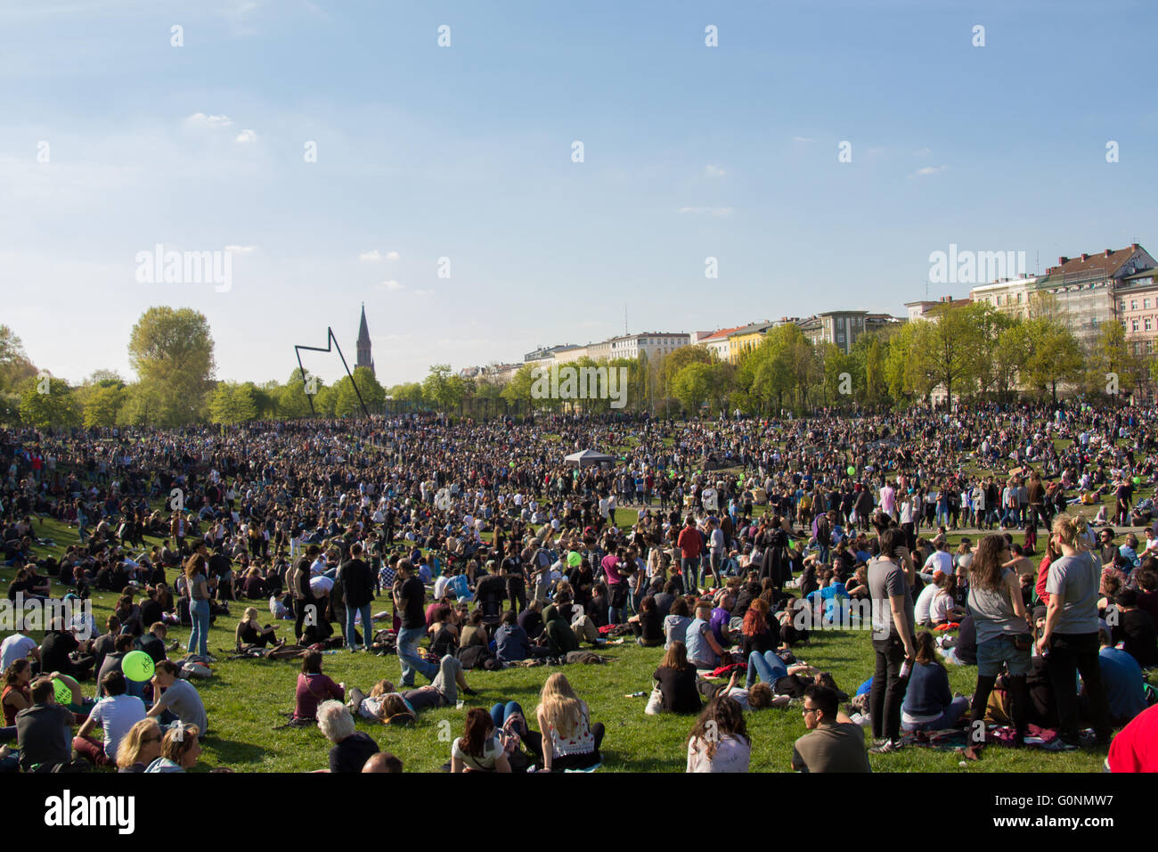 Berlin, Germany - may 01, 2016: Crowded park (Goerlitzer Park) in Berlin, Kreuzberg during may day / labor day on the first of m Stock Photo