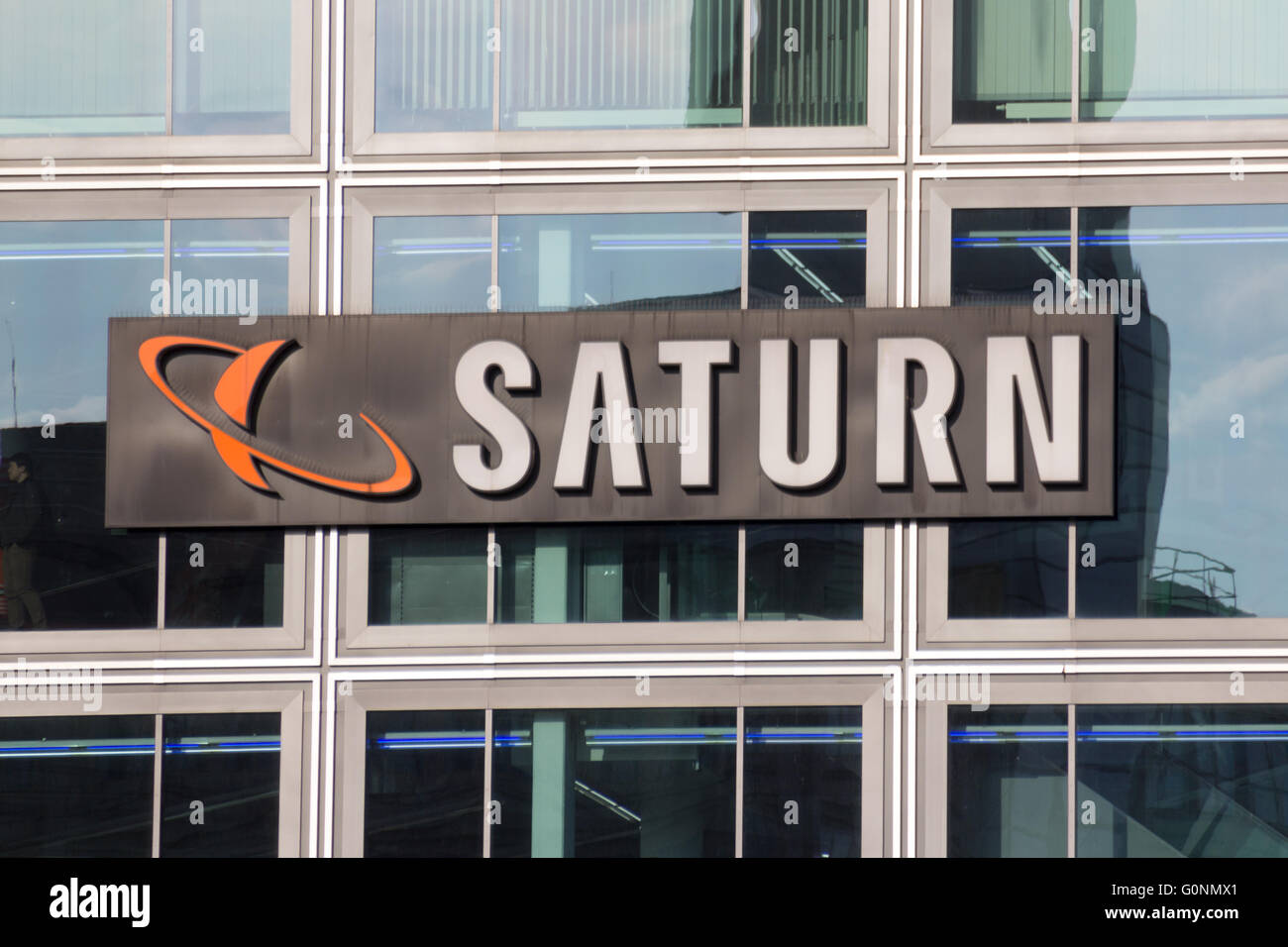 Saturn store logo. Saturn is a German chain of electronics stores, now found in several Europe countries. Stock Photo