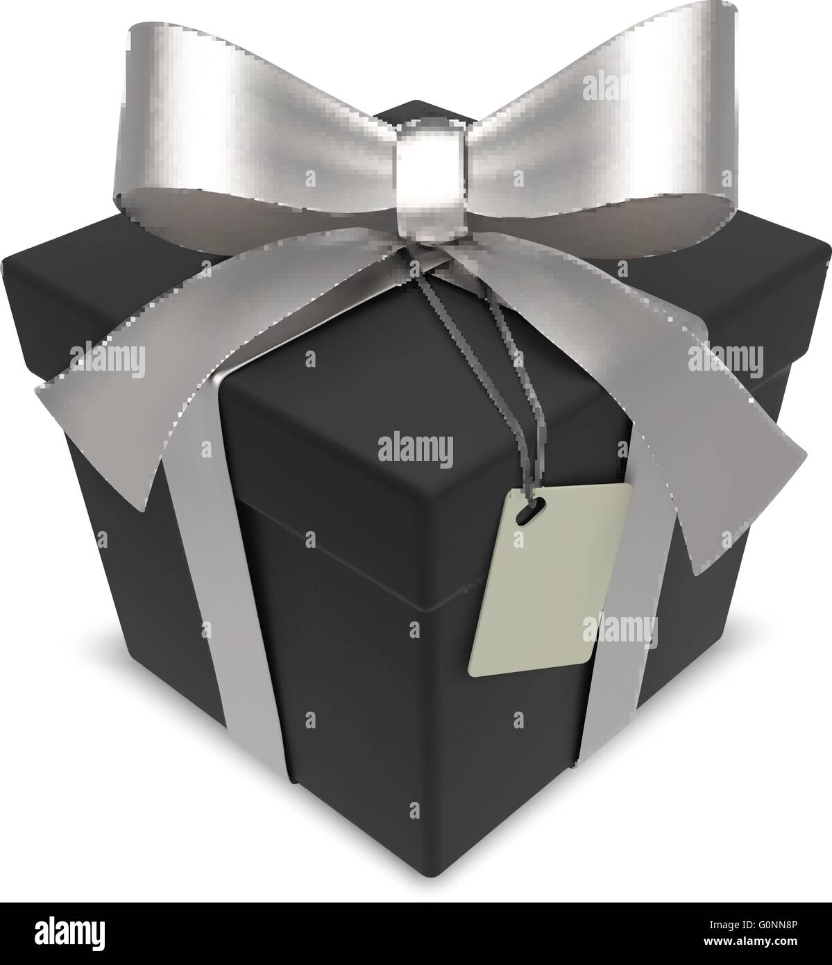 Matte Black Gift Box with Silver Ribbons. Blank Label for Copy Space