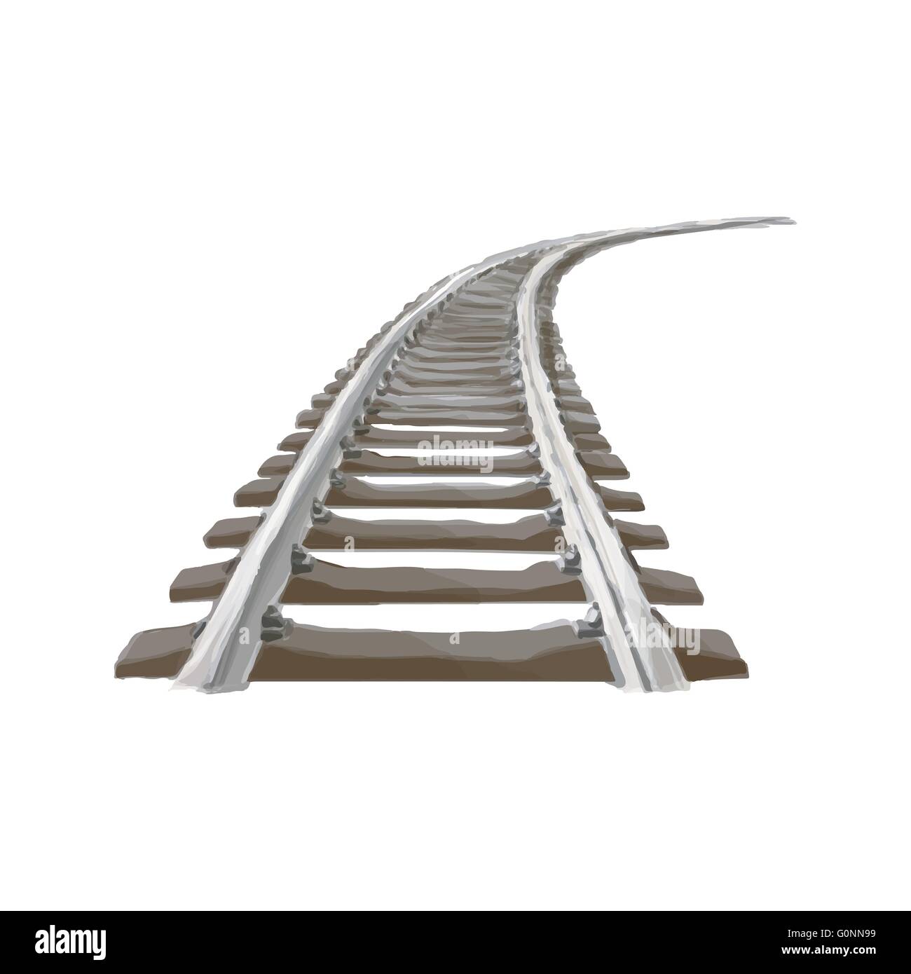 Perspective view of Curved Train track. Color version. Stock Vector