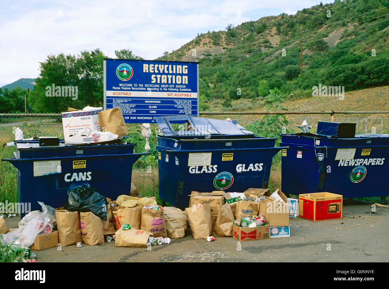 Consumer recycling station; Durango; Colorado; USA Stock Photo