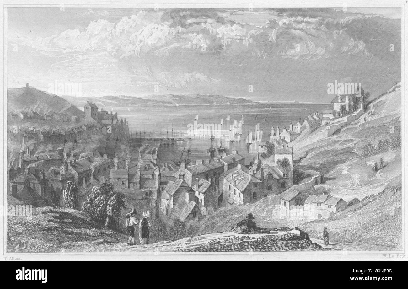 DEVON Brixham, looking over Torbay, antique print 1829 Stock Photo Alamy