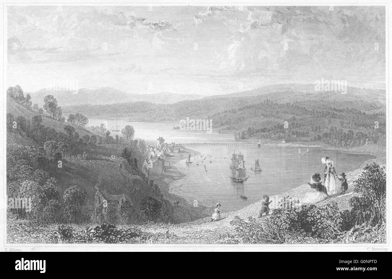 DEVON Teignmouth Bridge, from the Ness, antique print 1829 Stock Photo