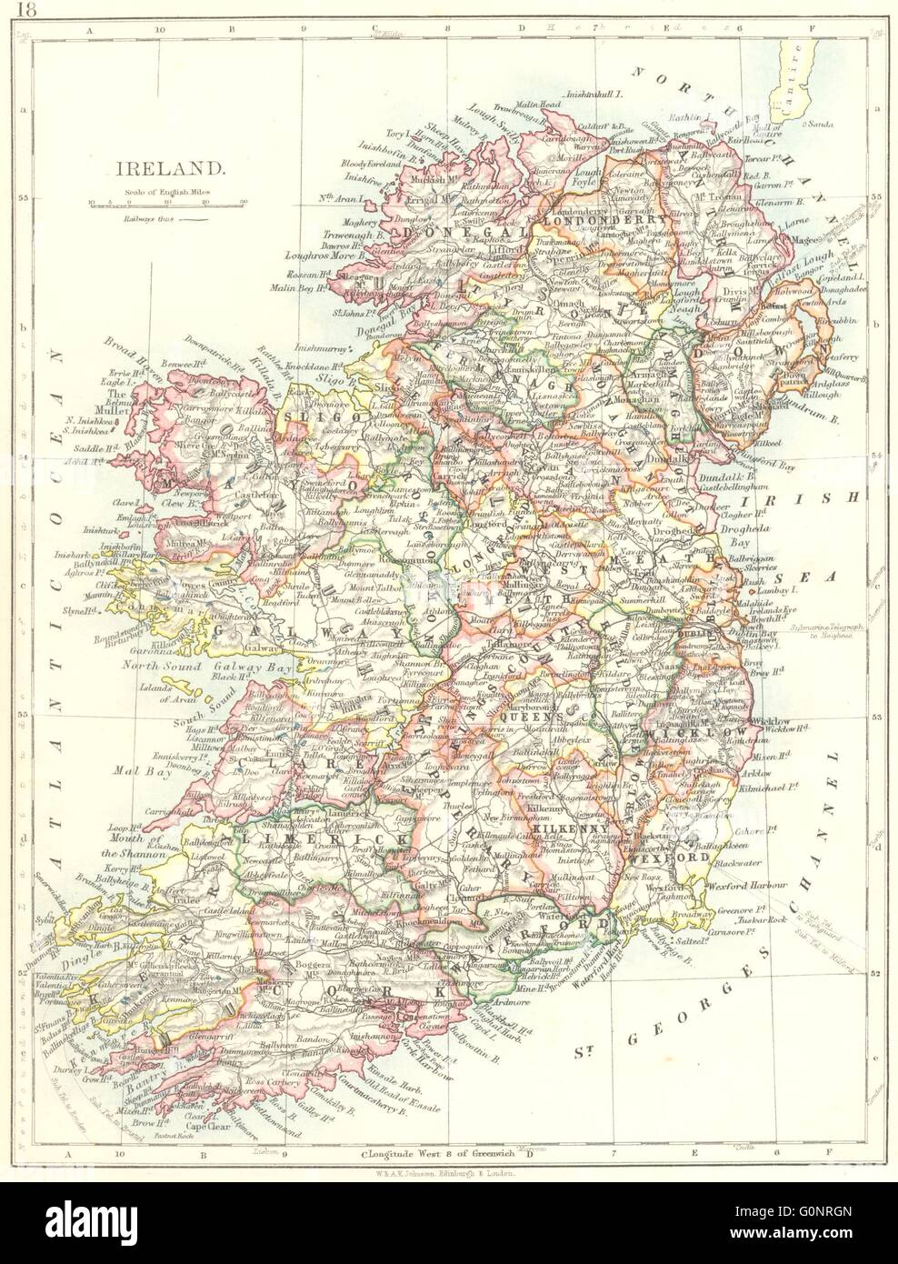 IRELAND. Showing counties. Undersea telegraph cables. JOHNSTON, 1899