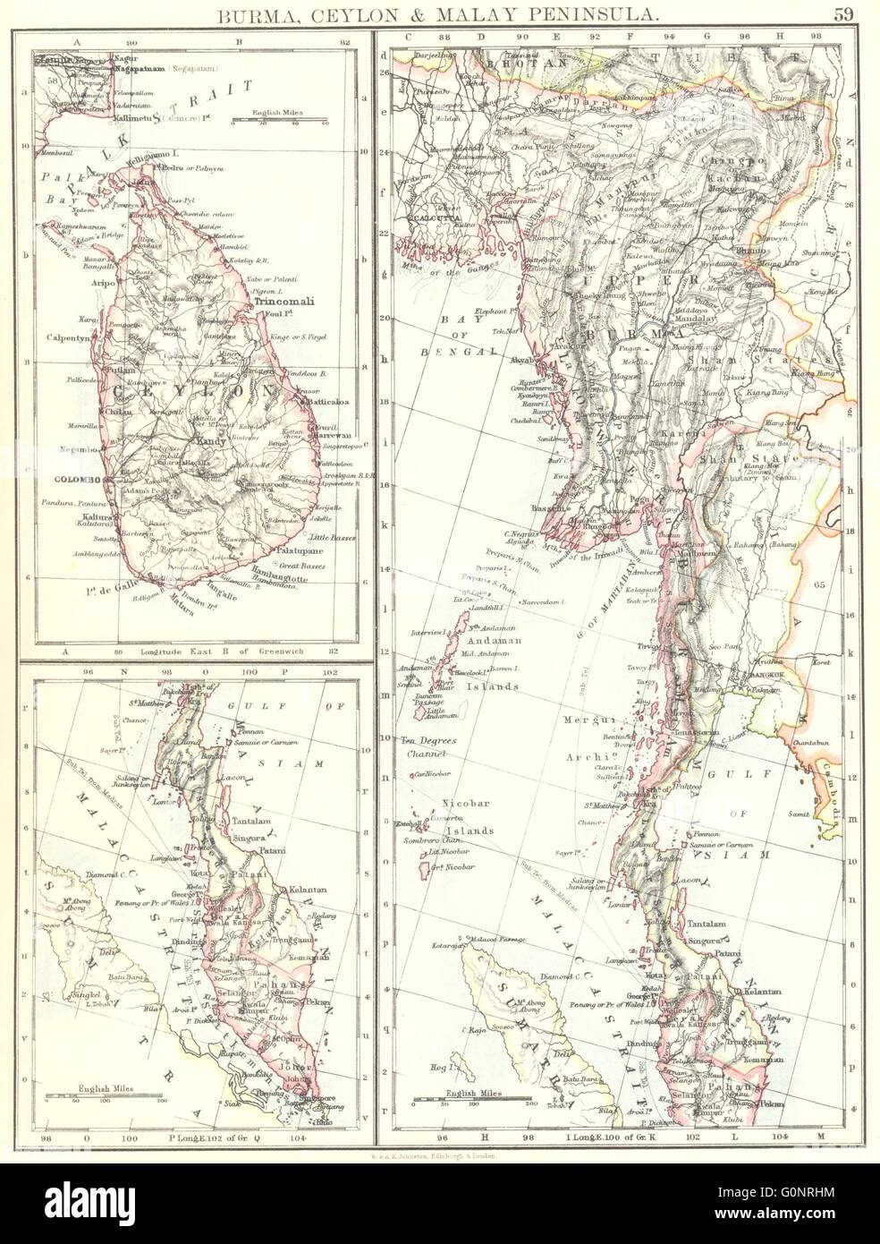 BURMA CEYLON MALAY PENINSULA. Straits settlements. Singapore. Siam, 1899 map Stock Photo