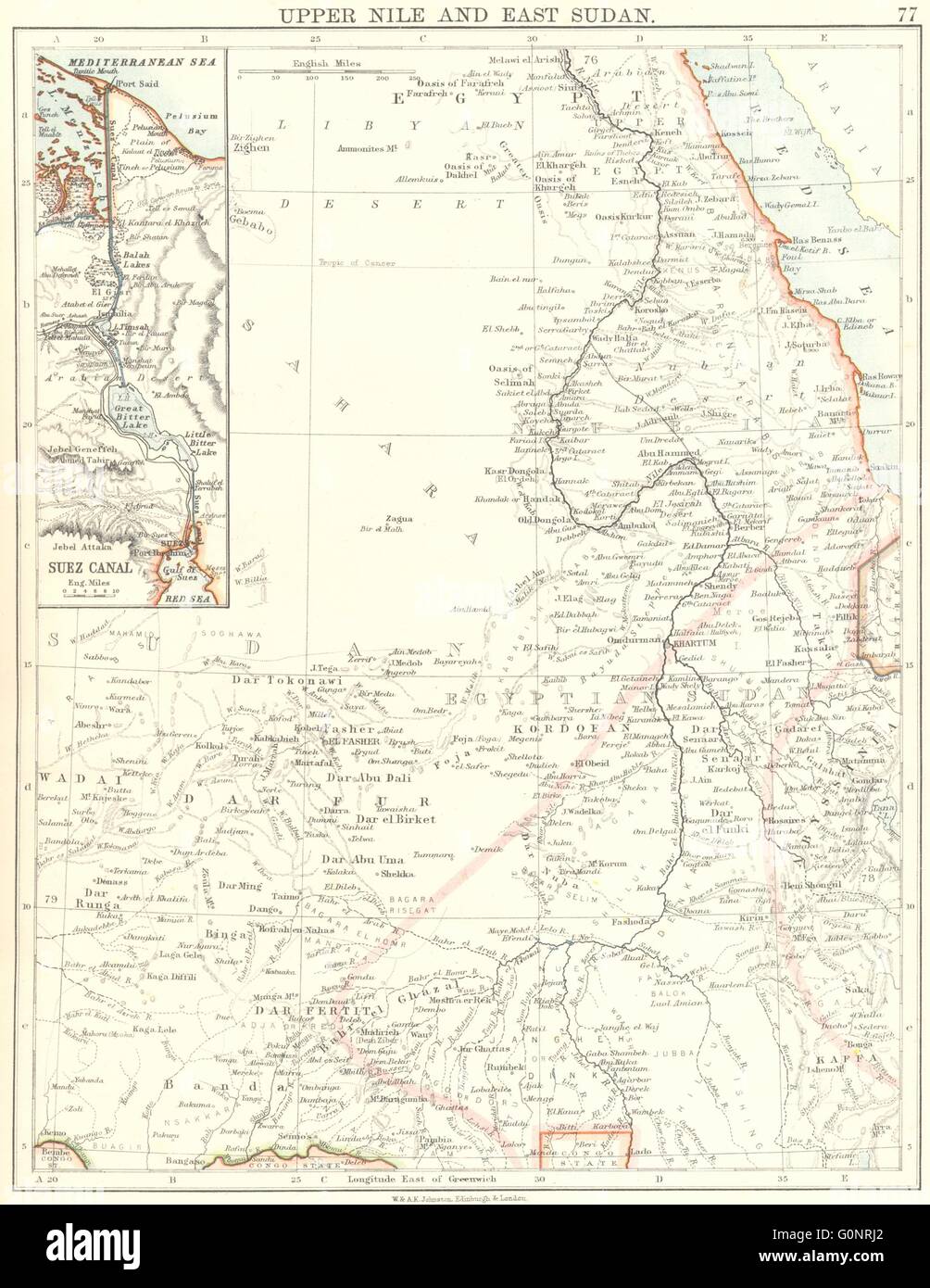 UPPER NILE, EAST SUDAN & SUEZ CANAL. Khartoum.White/Blue Nile.JOHNSTON, 1899 map Stock Photo