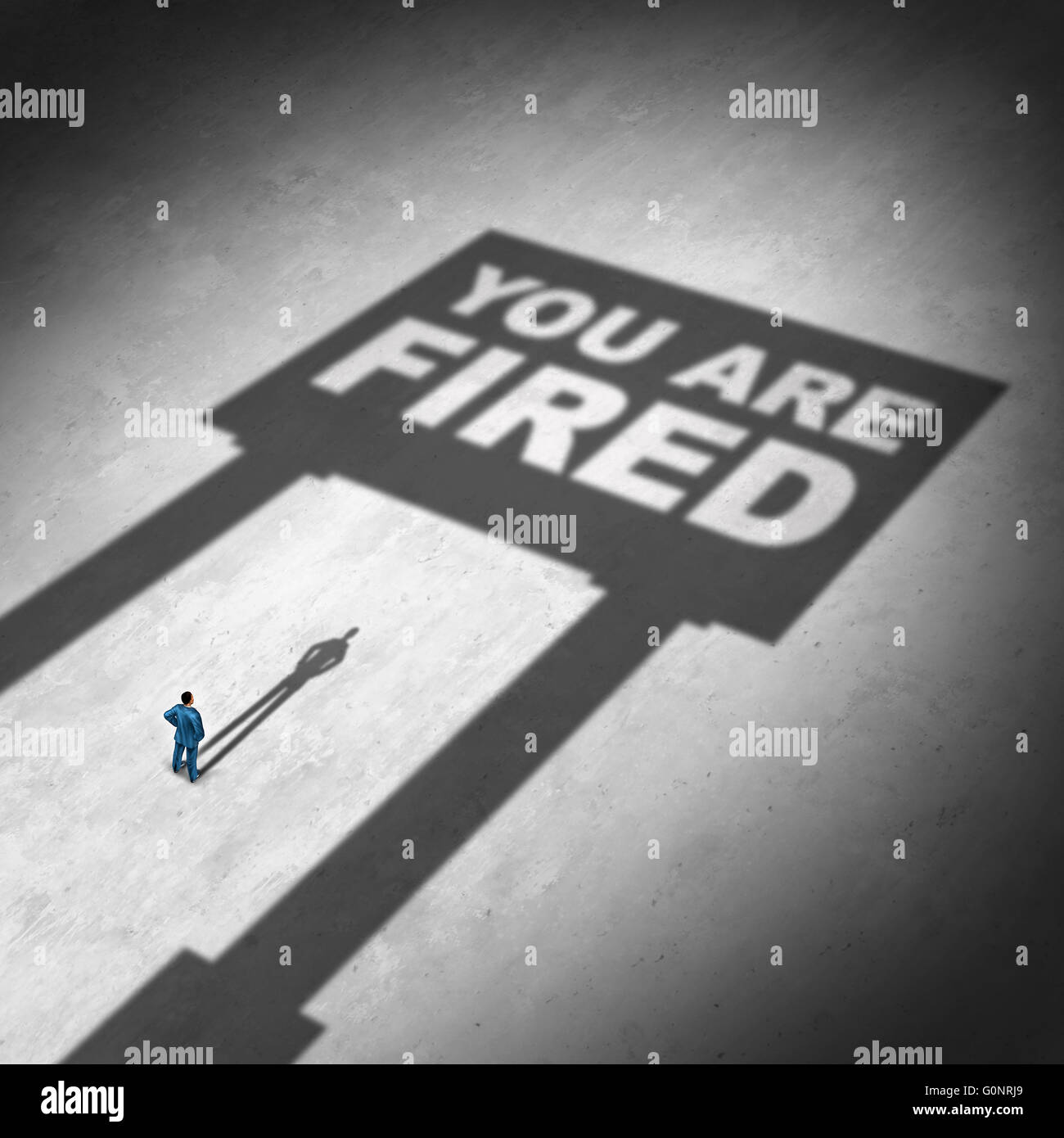 Losing a job business concept as a businessman looking at a cast shadow of a sign with text as a symbol for unemployment and being dismissed in the workplace or economic cutback icon in a 3D illustration style. Stock Photo